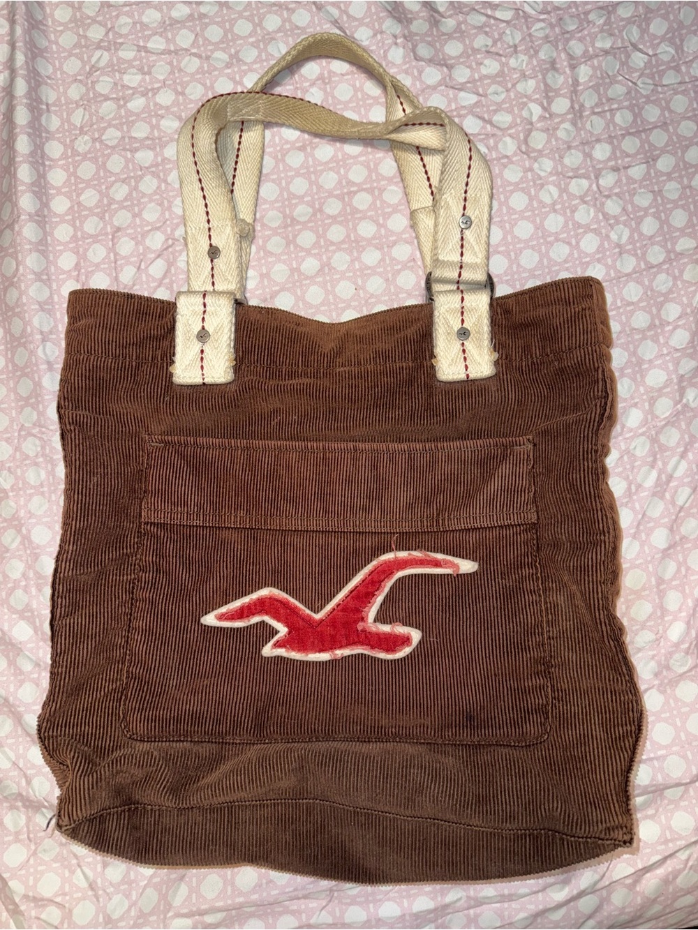 Hollister Brown Corduroy Tote with Cream Handles and Red Logo